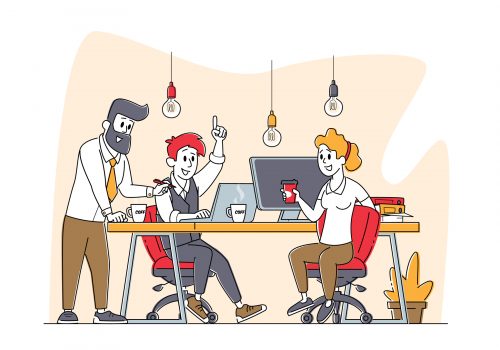 BDRs Business Characters Group Work Together Developing Creative Ideas. Businesspeople Teamwork, Office Employees Cooperation, Collective Work, Partnership or Brainstorm. Linear People Vector Illustration